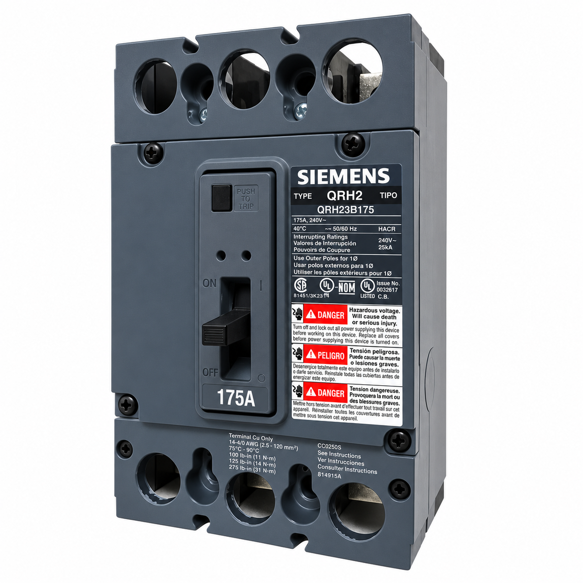 Siemens QRH23B175 Type QRH2 175A 3-pole molded case circuit breaker